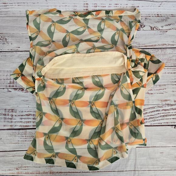 Farm Rio Mesh Midi Dress S Yellow Green Orange Sun Print Pockets Ruch Slits Line - Picture 11 of 16